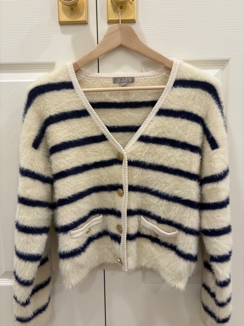 J. Crew cream and blue stripe polished cardigan lady jacket XS